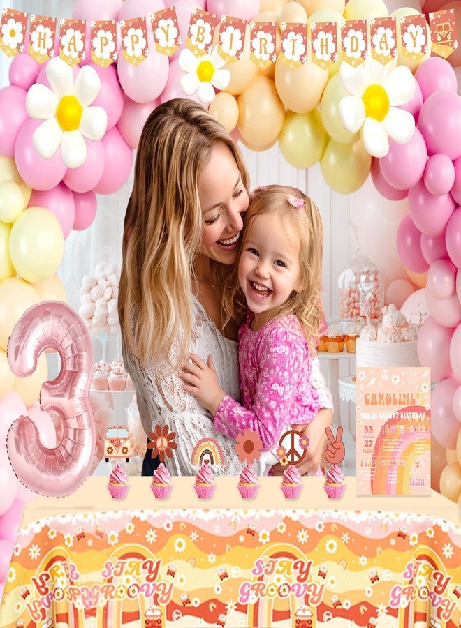 Fiesec Young Wild and Three Decorations Girl, 122 PCs Groovy Boho Daisy Hippie 3rd Birthday Party Decorations Backdrop Balloon Garland Banner Tablecloth Cake Cupcake Topper Headband Poster Retro Pink - Image 5
